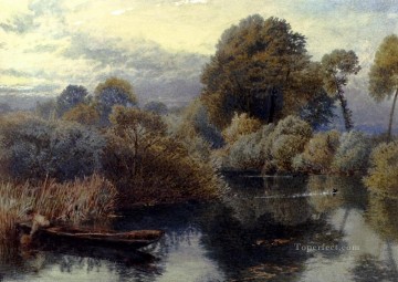  My Pintura - Un pescador de anguilas en el río Támesis paisaje victoriano Myles Birket Foster paisajes